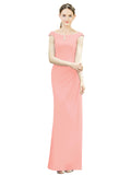 Salmon Mermaid, Fit and Flare Bateau, High Neck Sleeveless Long Bridesmaid Dress Emilee 