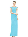 Sky Blue Mermaid, Fit and Flare Bateau, High Neck Sleeveless Long Bridesmaid Dress Emilee 