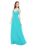 Aqua A-Line V-Neck Spaghetti Straps Sleeveless Long Bridesmaid Dress Livia