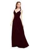 Burgundy Gold A-Line V-Neck Spaghetti Straps Sleeveless Long Bridesmaid Dress Livia