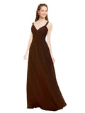 Chocolate A-Line V-Neck Spaghetti Straps Sleeveless Long Bridesmaid Dress Livia