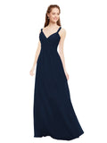 Dark Navy A-Line V-Neck Spaghetti Straps Sleeveless Long Bridesmaid Dress Livia