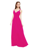 Fuchsia A-Line V-Neck Spaghetti Straps Sleeveless Long Bridesmaid Dress Livia