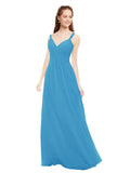 Peacock Blue A-Line V-Neck Spaghetti Straps Sleeveless Long Bridesmaid Dress Livia