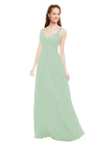 Sage A-Line V-Neck Spaghetti Straps Sleeveless Long Bridesmaid Dress Livia