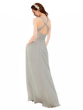 Silver A-Line V-Neck Spaghetti Straps Sleeveless Long Bridesmaid Dress Livia