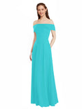 Aqua A-Line Off the Shoulder Cap Sleeves Long Bridesmaid Dress Lina