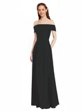 Black A-Line Off the Shoulder Cap Sleeves Long Bridesmaid Dress Lina