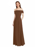 Brown A-Line Off the Shoulder Cap Sleeves Long Bridesmaid Dress Lina