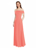 Coral A-Line Off the Shoulder Cap Sleeves Long Bridesmaid Dress Lina