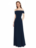 Dark Navy A-Line Off the Shoulder Cap Sleeves Long Bridesmaid Dress Lina