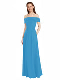 Peacock Blue A-Line Off the Shoulder Cap Sleeves Long Bridesmaid Dress Lina