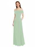 Sage A-Line Off the Shoulder Cap Sleeves Long Bridesmaid Dress Lina