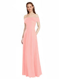 Salmon A-Line Off the Shoulder Cap Sleeves Long Bridesmaid Dress Lina