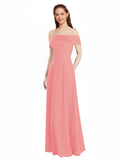 Watermelon A-Line Off the Shoulder Cap Sleeves Long Bridesmaid Dress Lina