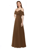 Brown A-Line Off the Shoulder V-Neck Sleeveless Long Bridesmaid Dress Marianna