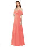 Coral A-Line Off the Shoulder V-Neck Sleeveless Long Bridesmaid Dress Marianna