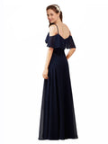 Dark Navy A-Line Off the Shoulder V-Neck Sleeveless Long Bridesmaid Dress Marianna