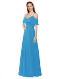 Peacock Blue A-Line Off the Shoulder V-Neck Sleeveless Long Bridesmaid Dress Marianna