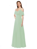 Sage A-Line Off the Shoulder V-Neck Sleeveless Long Bridesmaid Dress Marianna