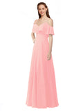 Salmon A-Line Off the Shoulder V-Neck Sleeveless Long Bridesmaid Dress Marianna