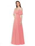 Watermelon A-Line Off the Shoulder V-Neck Sleeveless Long Bridesmaid Dress Marianna