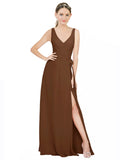 Brown A-Line V-Neck Sleeveless Long Bridesmaid Dress Louisa