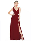 Burgundy A-Line V-Neck Sleeveless Long Bridesmaid Dress Louisa