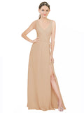 Champagne A-Line V-Neck Sleeveless Long Bridesmaid Dress Louisa