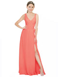 Coral A-Line V-Neck Sleeveless Long Bridesmaid Dress Louisa