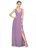 Dark Lavender A-Line V-Neck Sleeveless Long Bridesmaid Dress Louisa