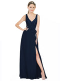 Dark Navy A-Line V-Neck Sleeveless Long Bridesmaid Dress Louisa