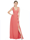 Desert Rose A-Line V-Neck Sleeveless Long Bridesmaid Dress Louisa