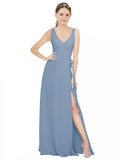 Dusty Blue A-Line V-Neck Sleeveless Long Bridesmaid Dress Louisa