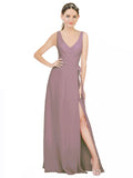 Dusty Rose A-Line V-Neck Sleeveless Long Bridesmaid Dress Louisa