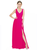 Fuchsia A-Line V-Neck Sleeveless Long Bridesmaid Dress Louisa