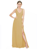 Gold A-Line V-Neck Sleeveless Long Bridesmaid Dress Louisa