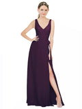 Grape A-Line V-Neck Sleeveless Long Bridesmaid Dress Louisa