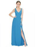 Peacock Blue A-Line V-Neck Sleeveless Long Bridesmaid Dress Louisa