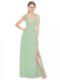 Sage A-Line V-Neck Sleeveless Long Bridesmaid Dress Louisa