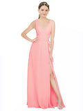 Salmon A-Line V-Neck Sleeveless Long Bridesmaid Dress Louisa