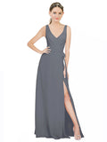 Slate Grey A-Line V-Neck Sleeveless Long Bridesmaid Dress Louisa