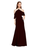 Burgundy Gold A-Line Halter Cold Shoulder Long Bridesmaid Dress Glain