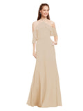 Champagne A-Line Halter Cold Shoulder Long Bridesmaid Dress Glain