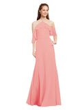 Watermelon A-Line Halter Cold Shoulder Long Bridesmaid Dress Glain