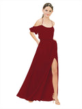 Burgundy A-Line Off the Shoulder Sleeveless Long Bridesmaid Dress Kris