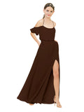 Chocolate A-Line Off the Shoulder Sleeveless Long Bridesmaid Dress Kris