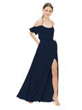 Dark Navy A-Line Off the Shoulder Sleeveless Long Bridesmaid Dress Kris