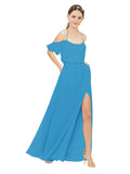 Peacock Blue A-Line Off the Shoulder Sleeveless Long Bridesmaid Dress Kris