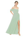 Sage A-Line Off the Shoulder Sleeveless Long Bridesmaid Dress Kris